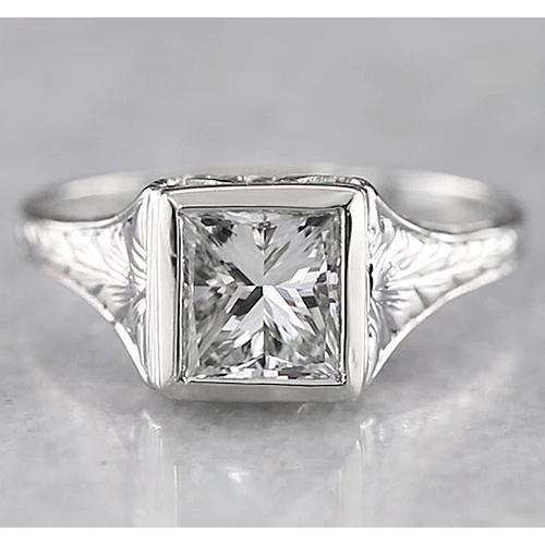 1 Carato Solitario Principessa Anello Di Genuino Diamanti Stile Antico Oro Bianco 14K