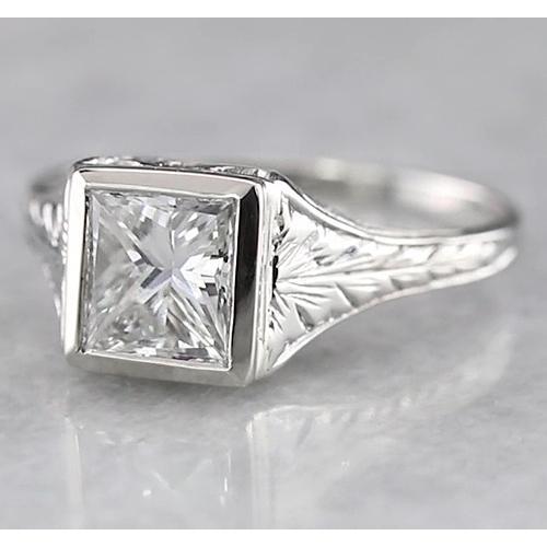 1 Carato Solitario Principessa Anello Di Genuino Diamanti Stile Antico Oro Bianco 14K