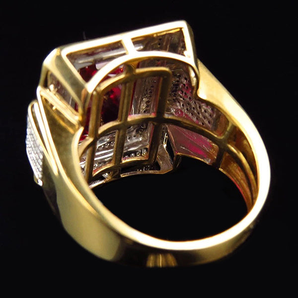 13 ct Grande Smeraldo Taglio Rosso AAA Anello da Uomo Rubino Con Diamante Oro Giallo 14 kt