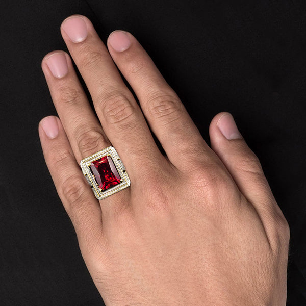 13 ct Grande Smeraldo Taglio Rosso AAA Anello da Uomo Rubino Con Diamante Oro Giallo 14 kt