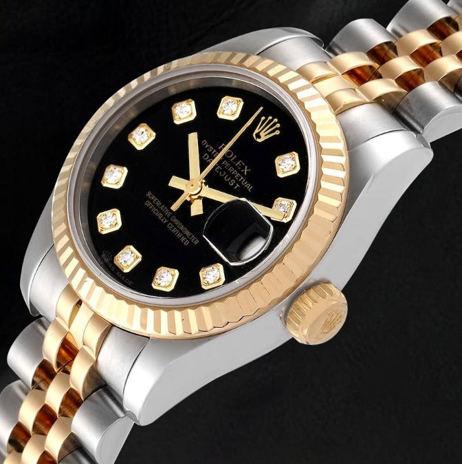179173 Rolex Datejust Lady con quadrante nero e diamanti, anno 2012, chiusura nascosta