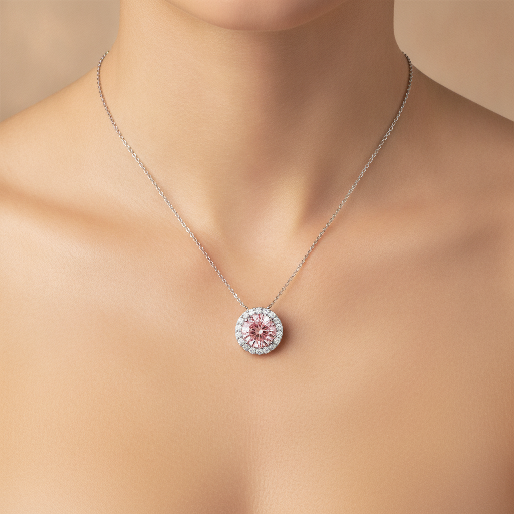 Collana con Pendente Halo con Diamante Rosa Rotondo da Laboratorio da 2,5 Carati in Oro Bianco 14K