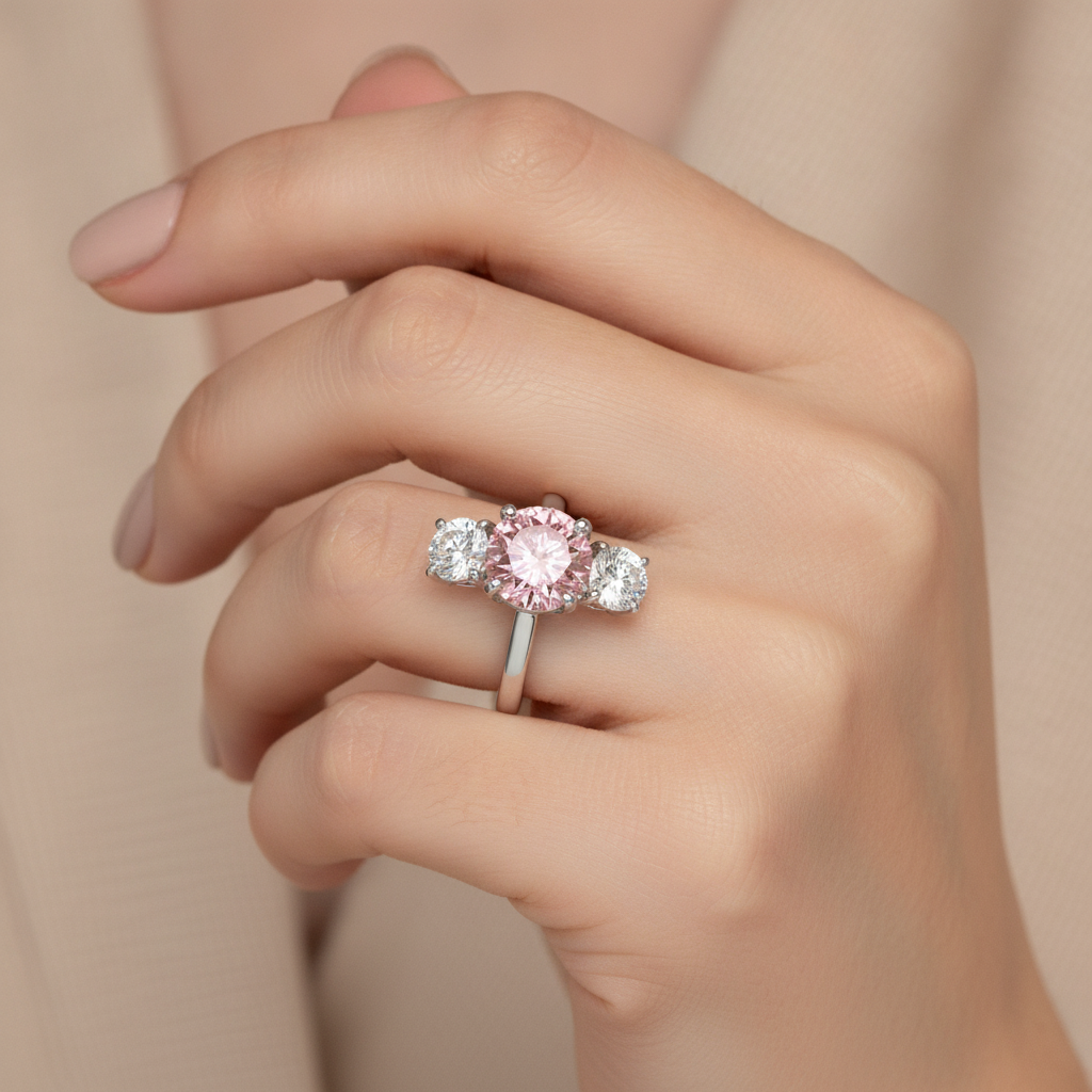 Anello di Fidanzamento con Diamante Rosa da Laboratorio da 2,5 Carati Taglio Rotondo a Tre Pietre in Oro Bianco 14K