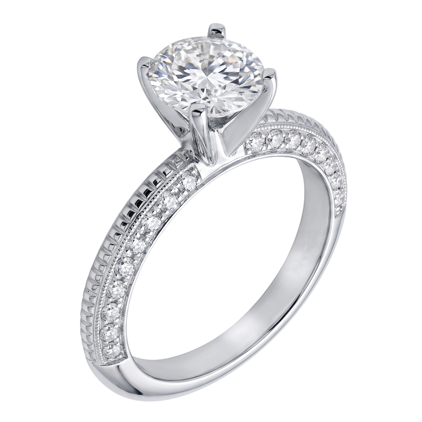 2 Ct. Anello Di Fidanzamento Rotondo Con Micro Pavé Di Genuino Diamanti Naturali Autentici ( non creati in laboratorio ) In Oro Bianco 14K