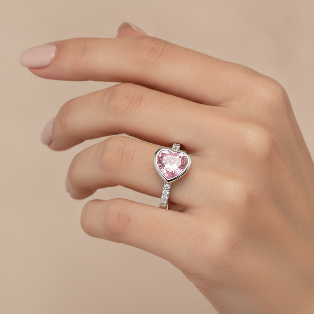 Anello con diamante rosa a cuore da 2 carati da laboratorio, lunetta in oro bianco 14K