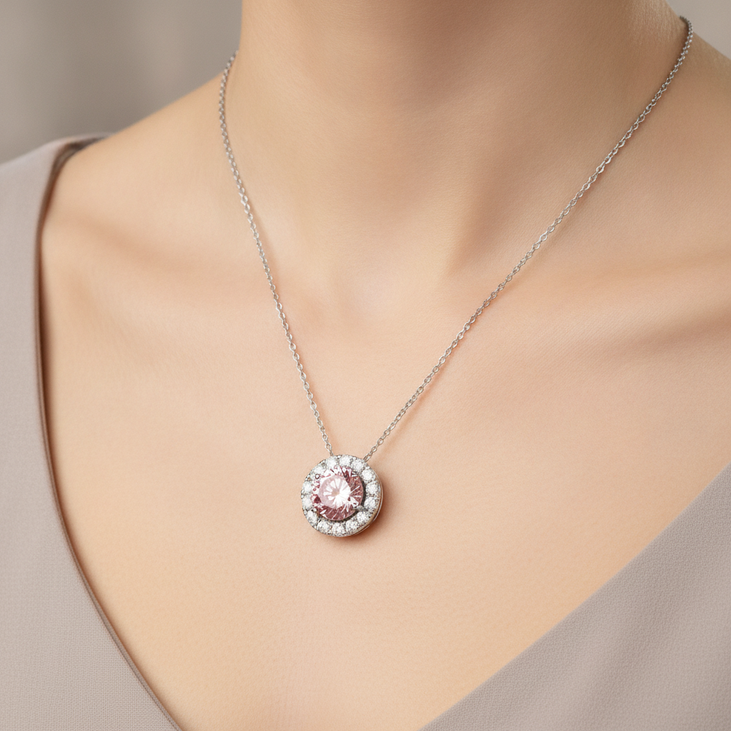 Collana con Pendente Halo con Diamante Rosa da Laboratorio Rotondo da 2 Carati in Oro Bianco 14K
