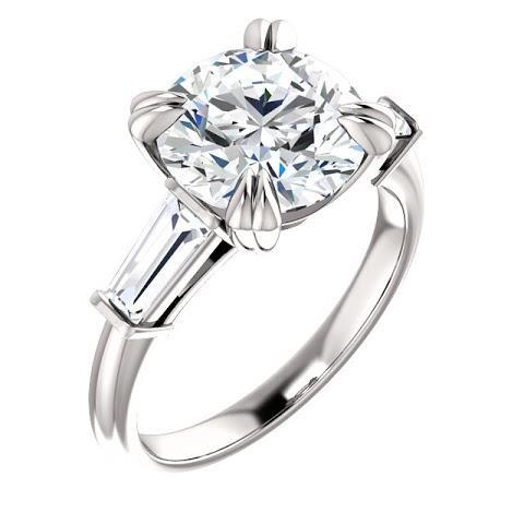 2,30 Carati Anello Rotondo Con Vero Diamanti Baguette 3 Pietre In Oro Bianco 14K