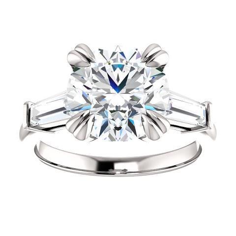 2,30 Carati Anello Rotondo Con Vero Diamanti Baguette 3 Pietre In Oro Bianco 14K