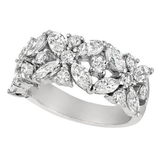 2 Carati Marquise E Genuino Diamante Rotondo Fascia Di Fidanzamento Oro Bianco 14K Nuovo