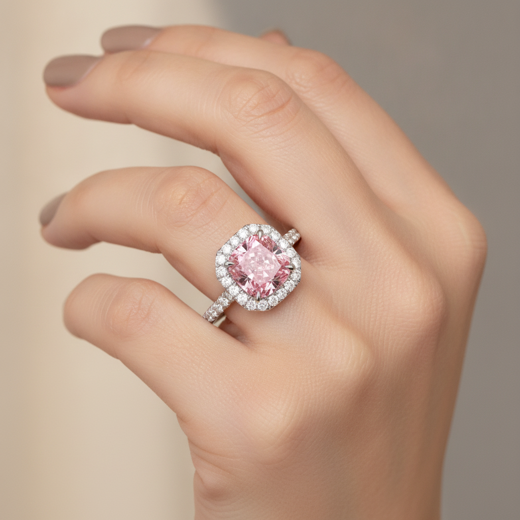 Anello con diamante rosa da laboratorio da 3,25 carati taglio a cuscino Halo pavé in oro bianco 14K