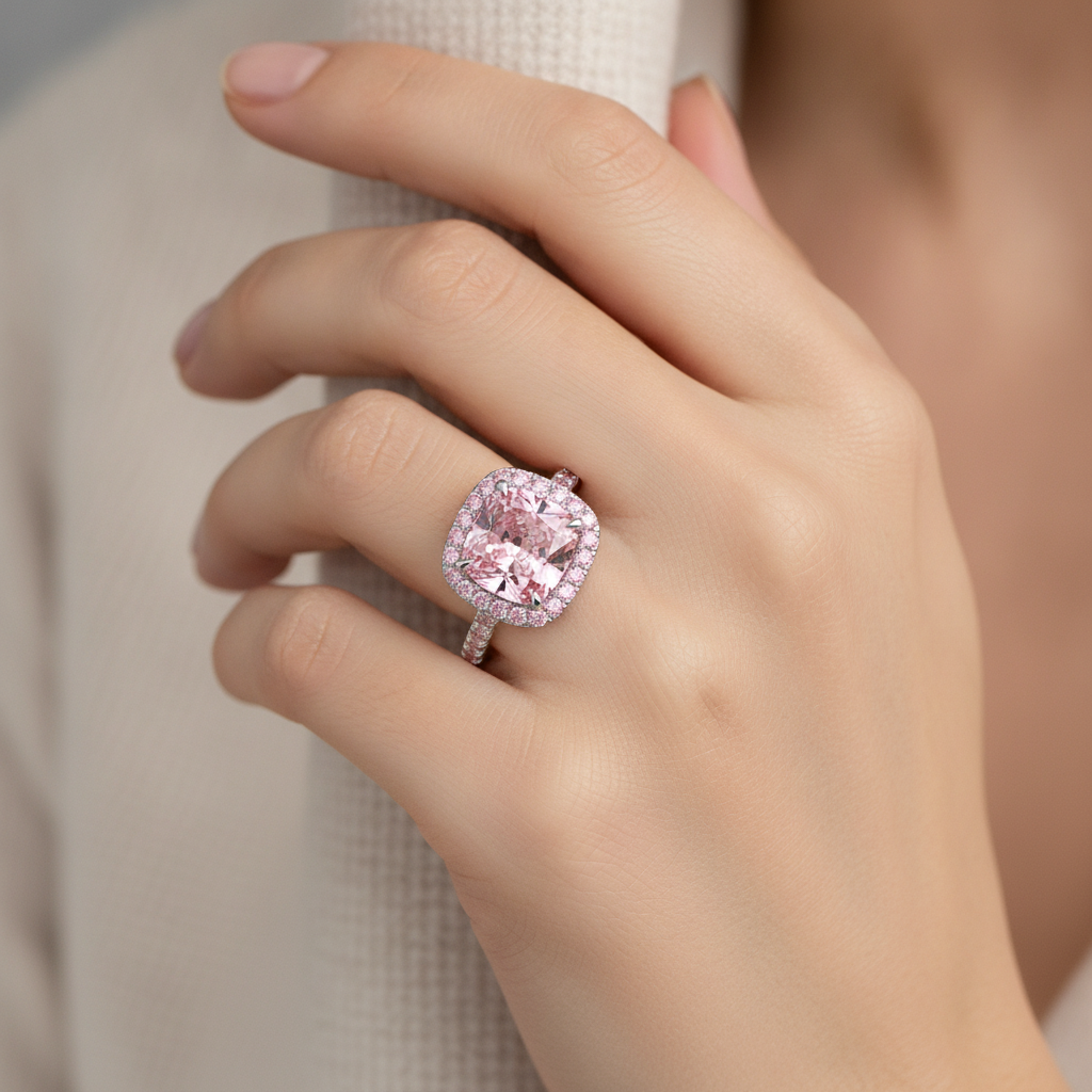 Anello di Fidanzamento Rosa con Diamante Taglio Cuscino da Laboratorio da 3,25 Carati Halo Pavé in Oro Bianco 14K