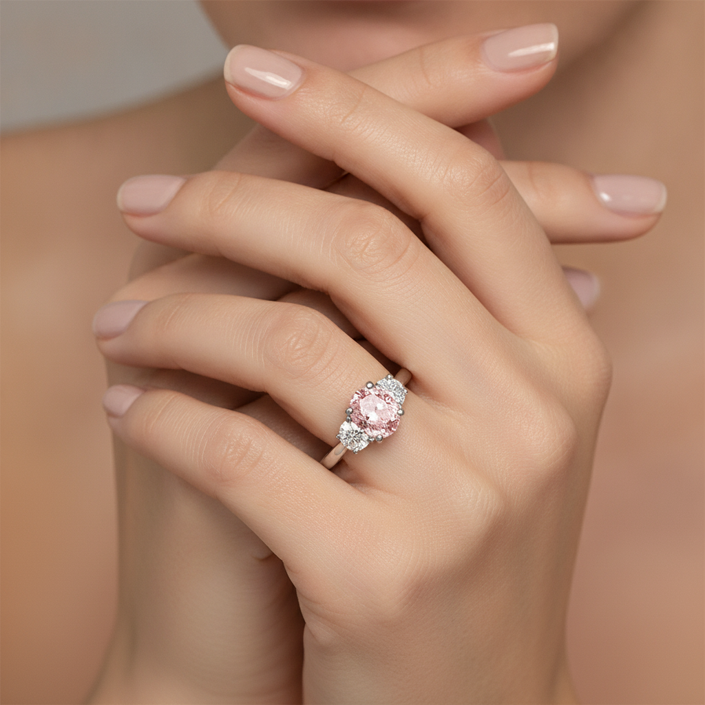 Anello a Tre Pietre con Diamante Rosa da Laboratorio Ovale da 3,5 Carati in Oro Bianco 14K