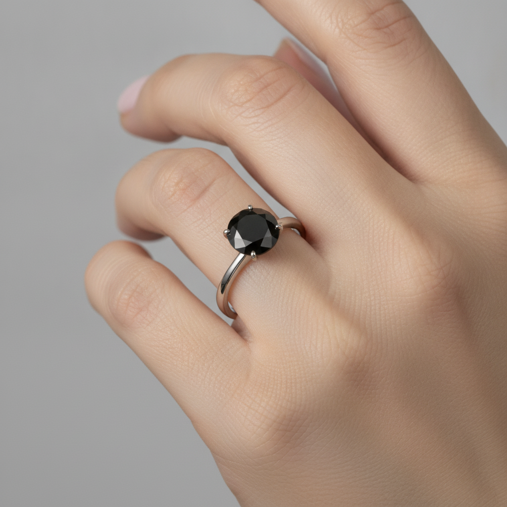 Anello di Fidanzamento Solitario Liscio con Diamante Nero Naturale Taglio Rotondo da 3,5 Carati in Oro Bianco 14K