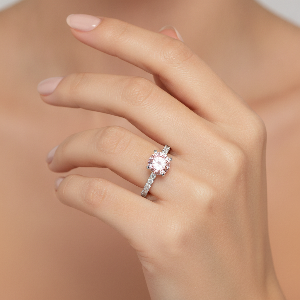 Anello con diamante rosa da laboratorio da 3,5 carati taglio rotondo con pavé in oro bianco 14K