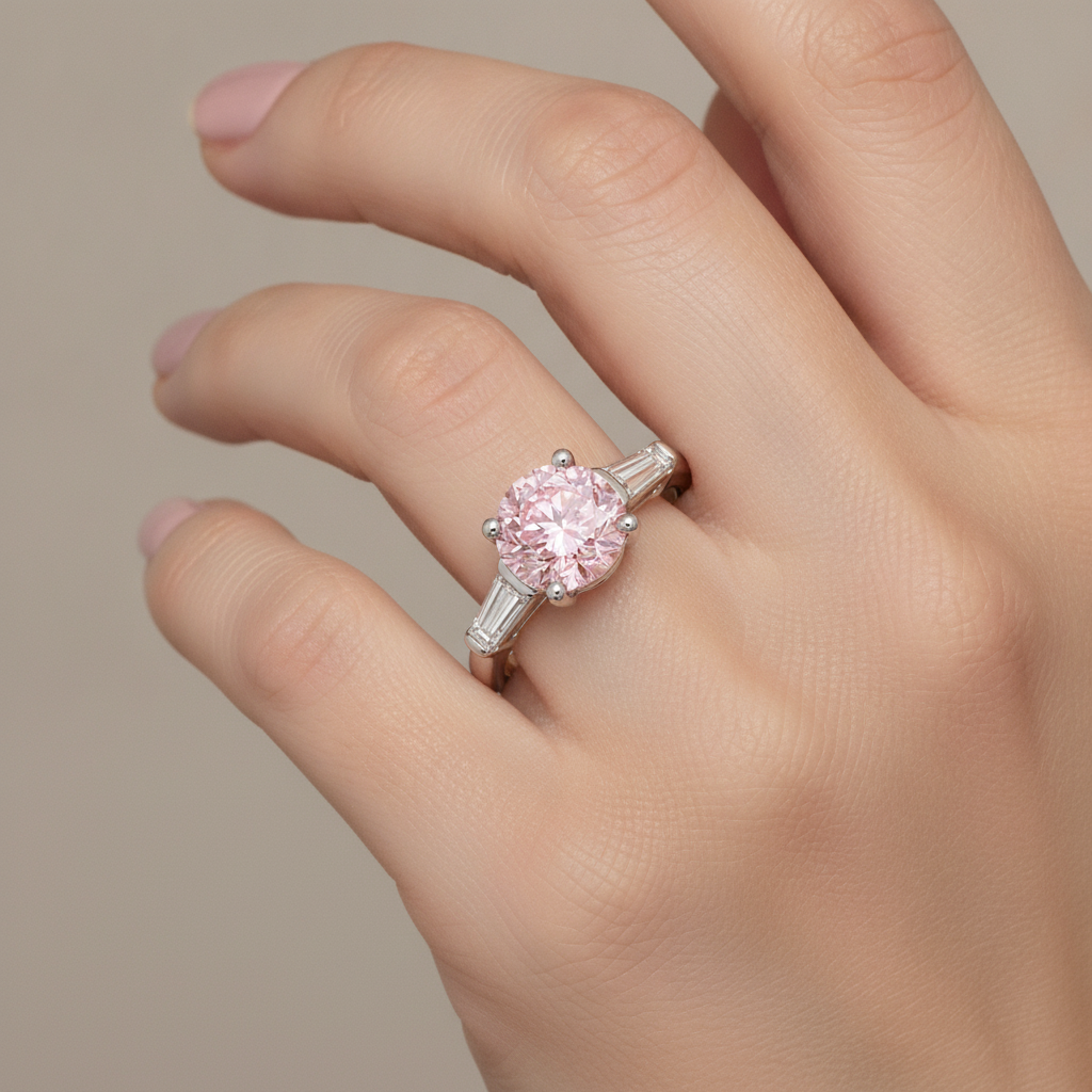 Anello a tre pietre con diamante rosa da laboratorio taglio rotondo da 3,5 carati in oro bianco 14K