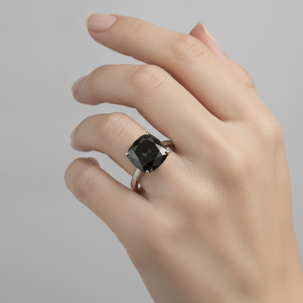 Anello Solitario con Diamante Nero Naturale Taglio Cuscino da 3,75 Carati in Oro Bianco 14 Carati