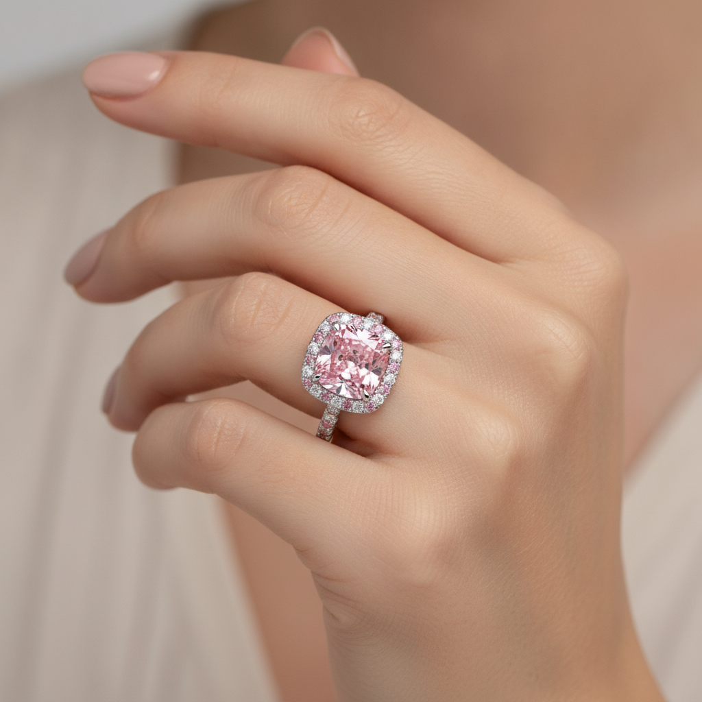 Anello Halo con Diamante Rosa da Laboratorio Taglio Cuscino da 3,75 Carati in Oro Bianco 14K