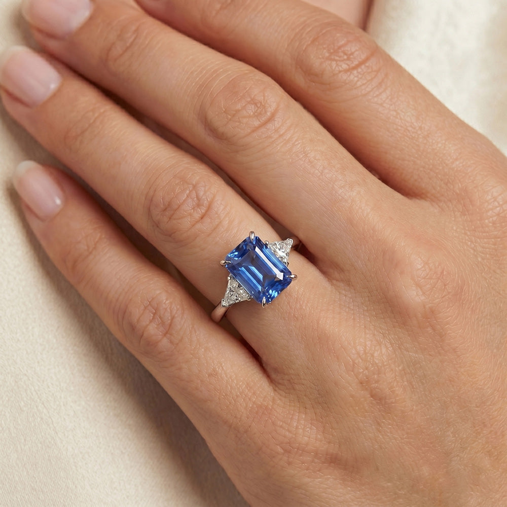 3 pietre blu zaffiro anello gioielli piccoli trilioni di diamanti 2.75 carati