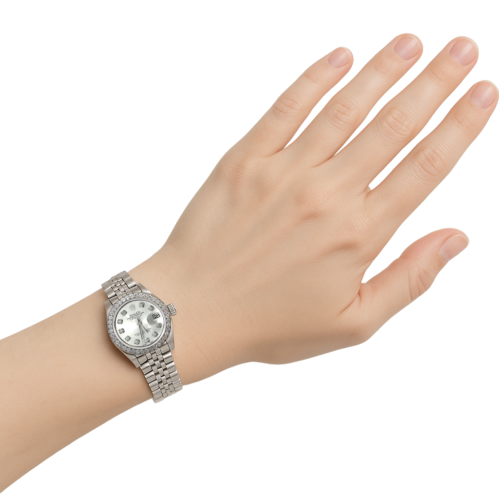 Orologio Rolex Datejust con lunetta in argento e diamanti, cinturino in acciaio inossidabile