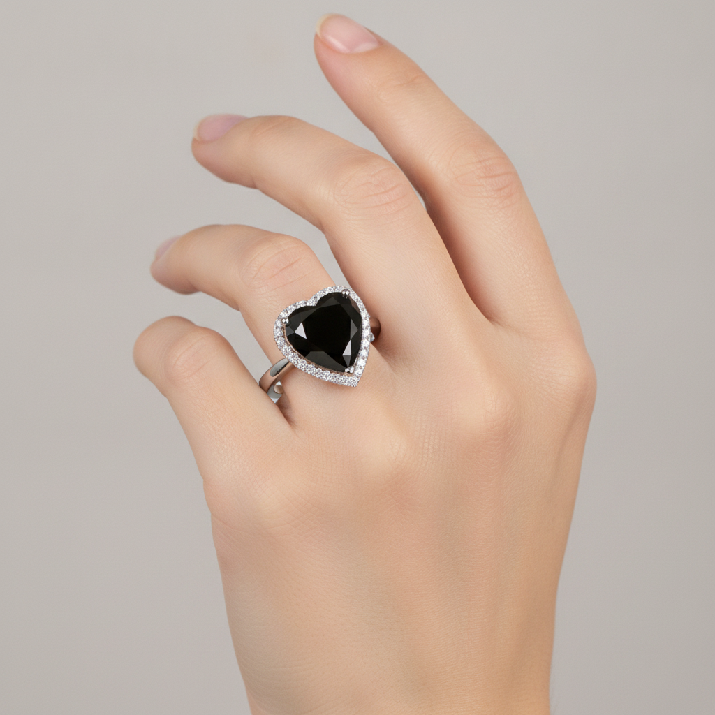 Anello Nuziale con Diamante Nero Autentico da 9 Carati con Halo a Cuore in Oro Bianco 14 Carati