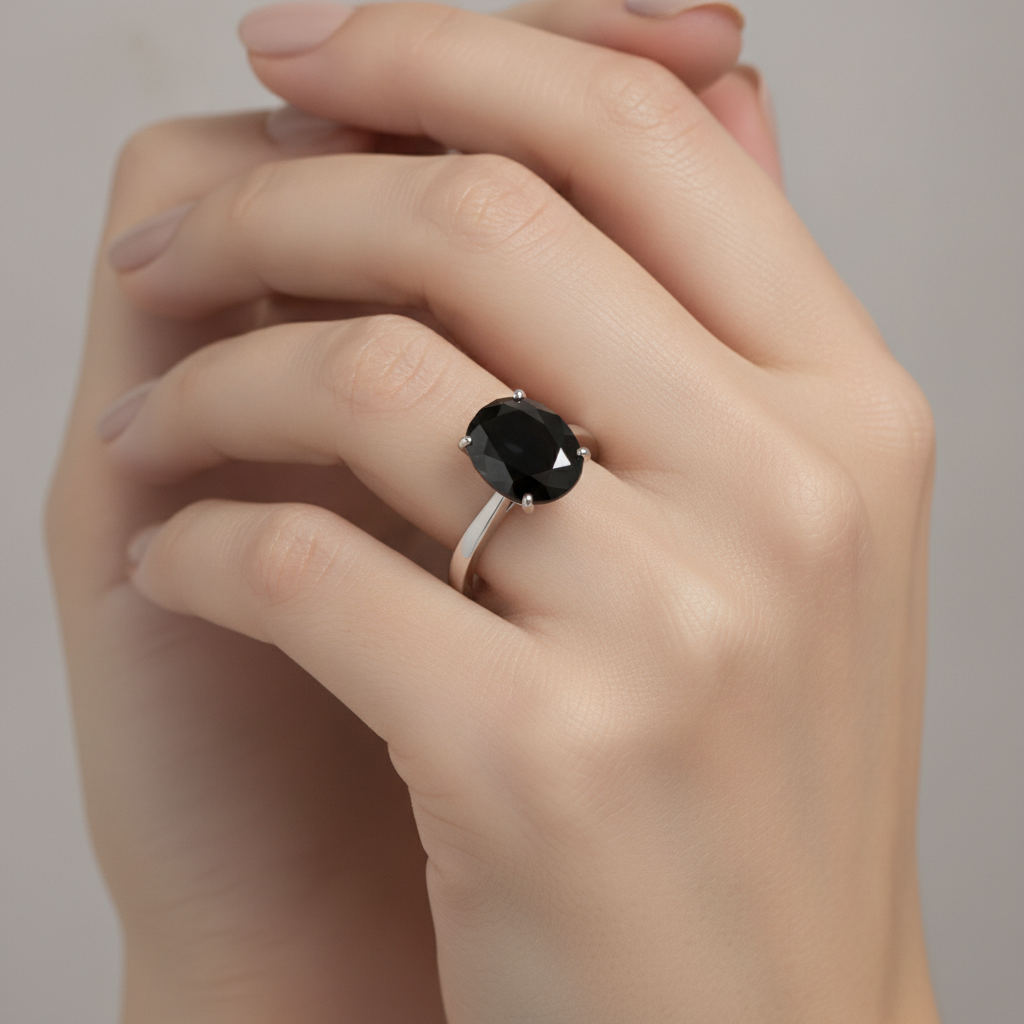 Anello di Fidanzamento Solitario Ovale con Diamante Nero Naturale da 5 Carati a Gambo Affusolato in Oro Bianco 14K