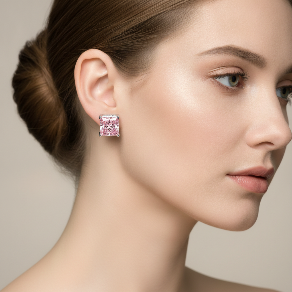 Orecchini Solitario con Diamanti Rosa da Laboratorio Taglio Principessa da 5 Carati in Oro Bianco 14K