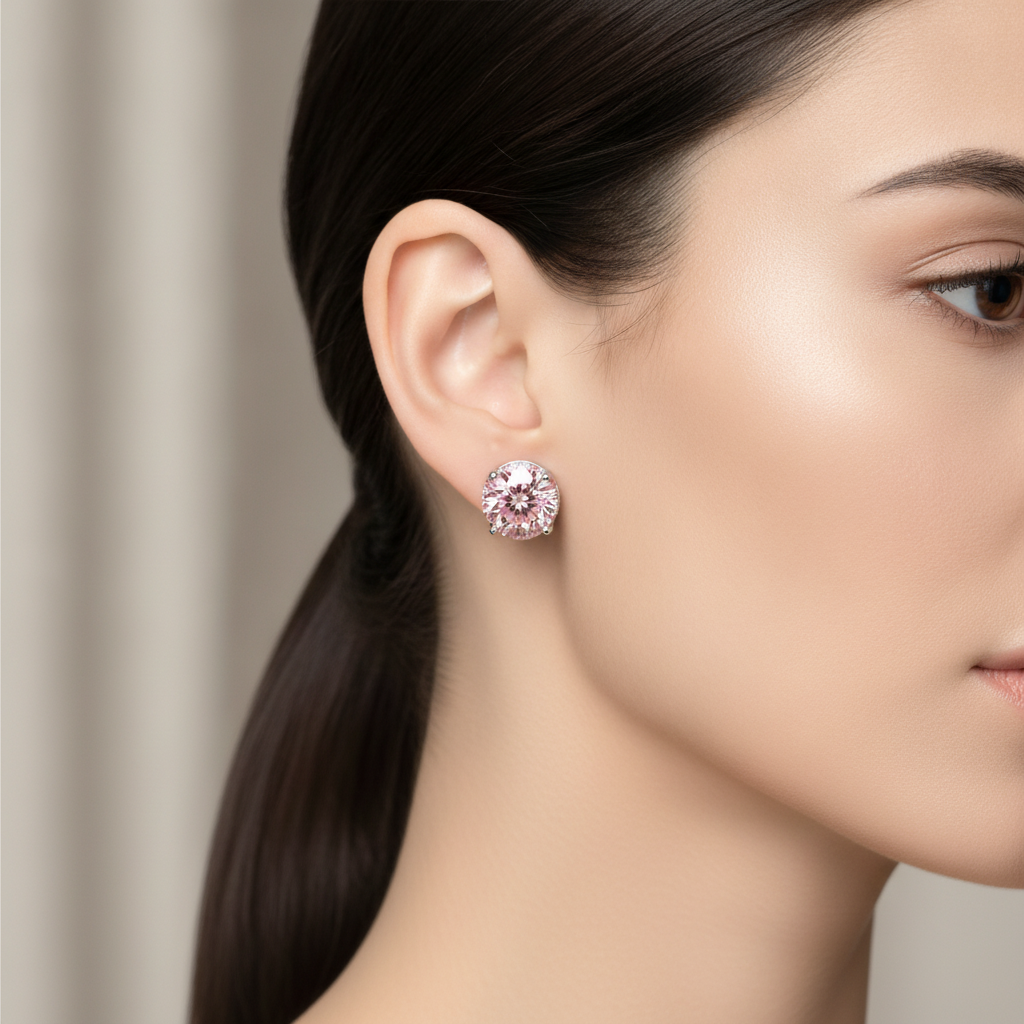 Orecchini con diamanti rosa da laboratorio 5 carati taglio rotondo Halo nascosto in Oro Bianco 14K