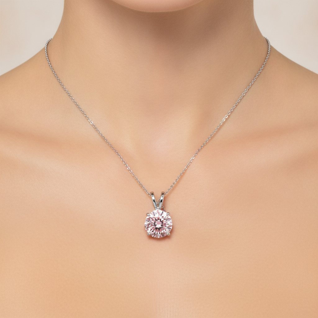 Collana con Pendente Solitario con Diamante Rosa da Laboratorio Taglio Rotondo da 5 Carati in Oro Bianco 14K