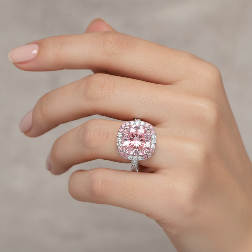 Anello da donna con diamante rosa da laboratorio da 6 carati taglio cuscino doppio halo in oro bianco 14K