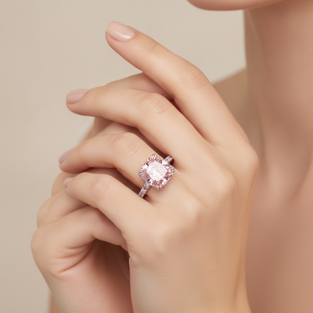 Anello con Diamante Rosa da Laboratorio da 6 Carati Taglio Cuscino Pavé in Oro Bianco 14K