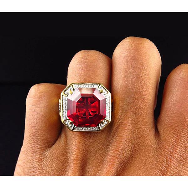 8.75 ct Rosso Asscher Taglio Anello Rubino da Uomo Con Diamanti Oro Gioielli