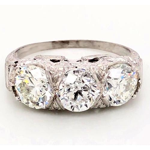 Anello 3 Pietre Naturale Diamanti 4.50 Carati Filigrana Stile Antico Milgrain