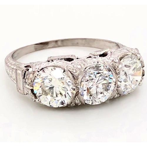 Anello 3 Pietre Naturale Diamanti 4.50 Carati Filigrana Stile Antico Milgrain