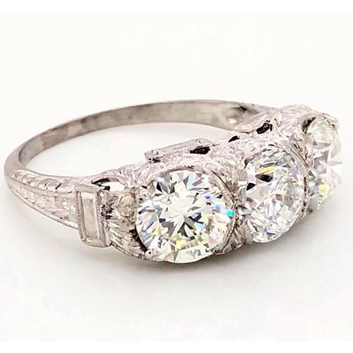 Anello 3 Pietre Naturale Diamanti 4.50 Carati Filigrana Stile Antico Milgrain