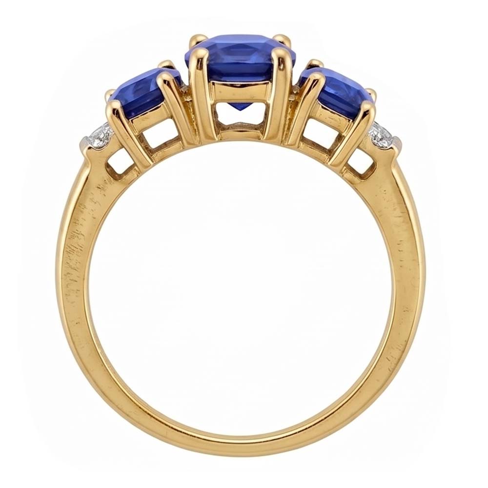 Anello 5,25 carati Sri Lanka cuscino zaffiro blu e diamante 3 pietre YG oro bianco 14K