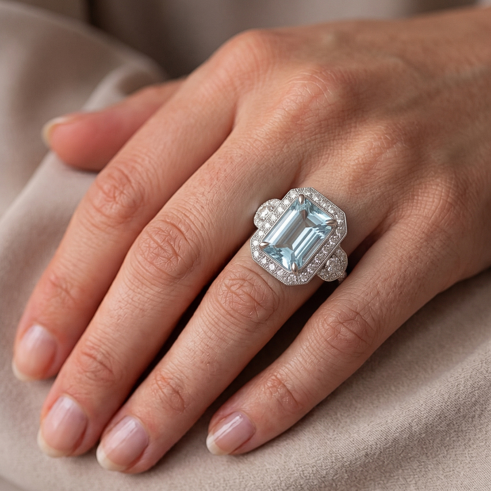 Anello Anniversario Acquamarina E Diamanti 5.80 Ct Nuovo Oro Bianco 14K