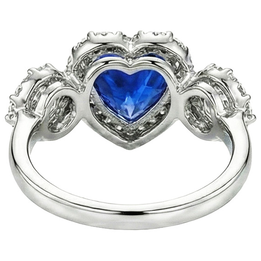 Anello Anniversario in Oro 7 Carati con Zaffiro Blu Taglio Cuore e Diamanti Halo