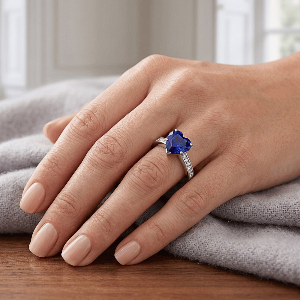 Anello Anniversario in Oro Cuore Zaffiro di Ceylon e Diamante Naturale Autentico ( non creato in laboratorio ) 4 Carati