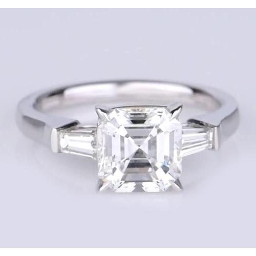 Anello Asscher Cut And Baguettes Genuino Diamante Tre Pietre 2.50 Carati Nuovo