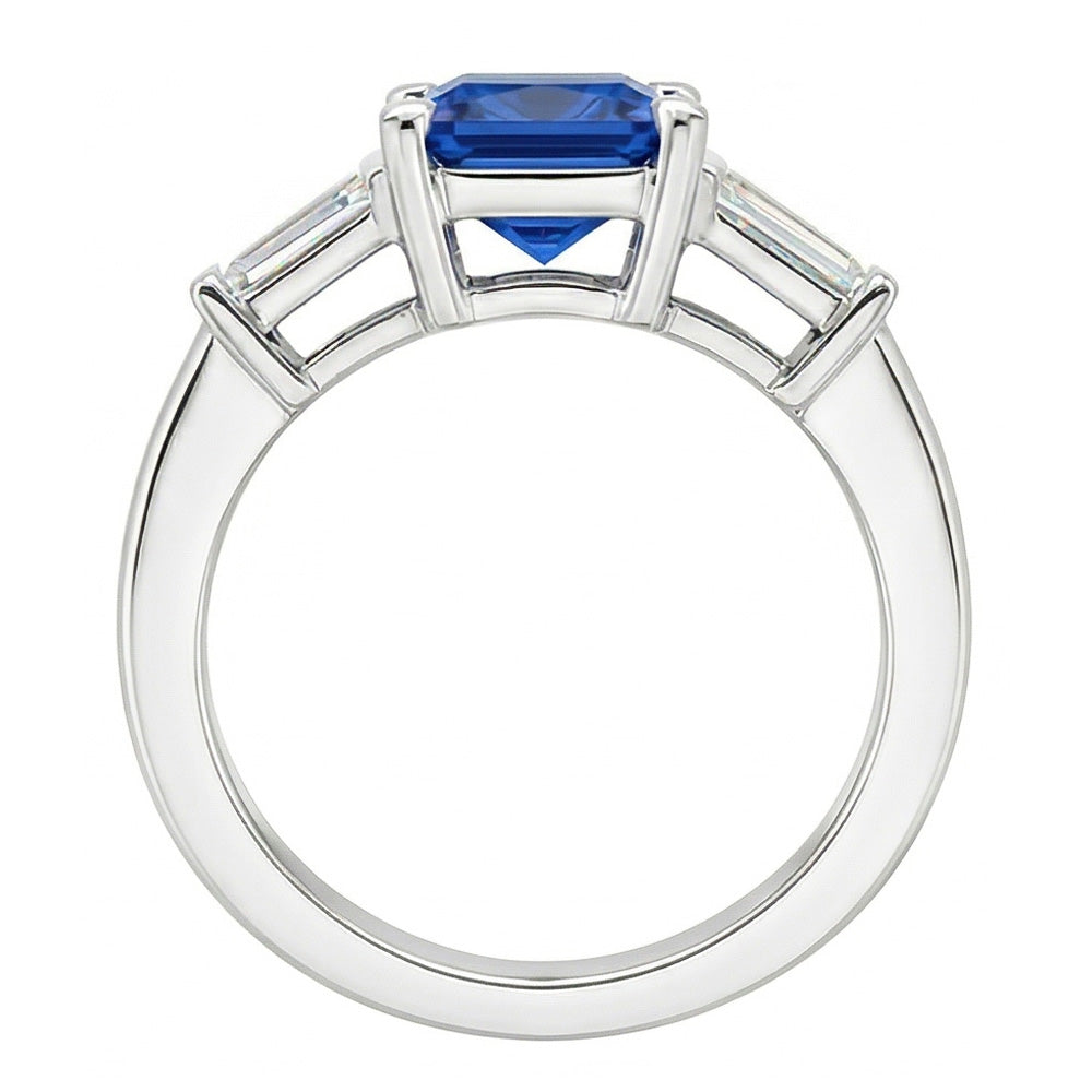 Anello Baguette Diamante Naturale Autentico ( non creato in laboratorio ) 3 Pietre Zaffiro Azzurro Radiante 2.50 Carati