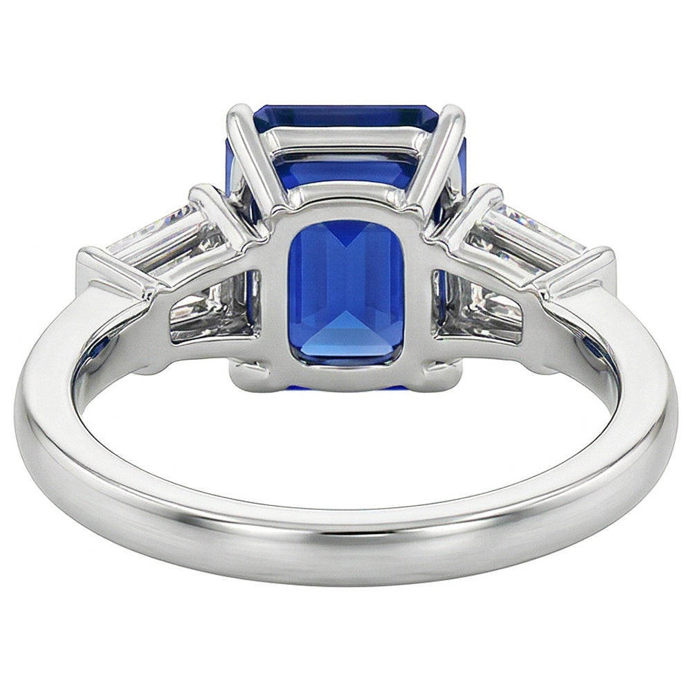 Anello Baguette Diamante Naturale Autentico ( non creato in laboratorio ) 3 Pietre Zaffiro Blu Taglio Asscher 2.50 Carati