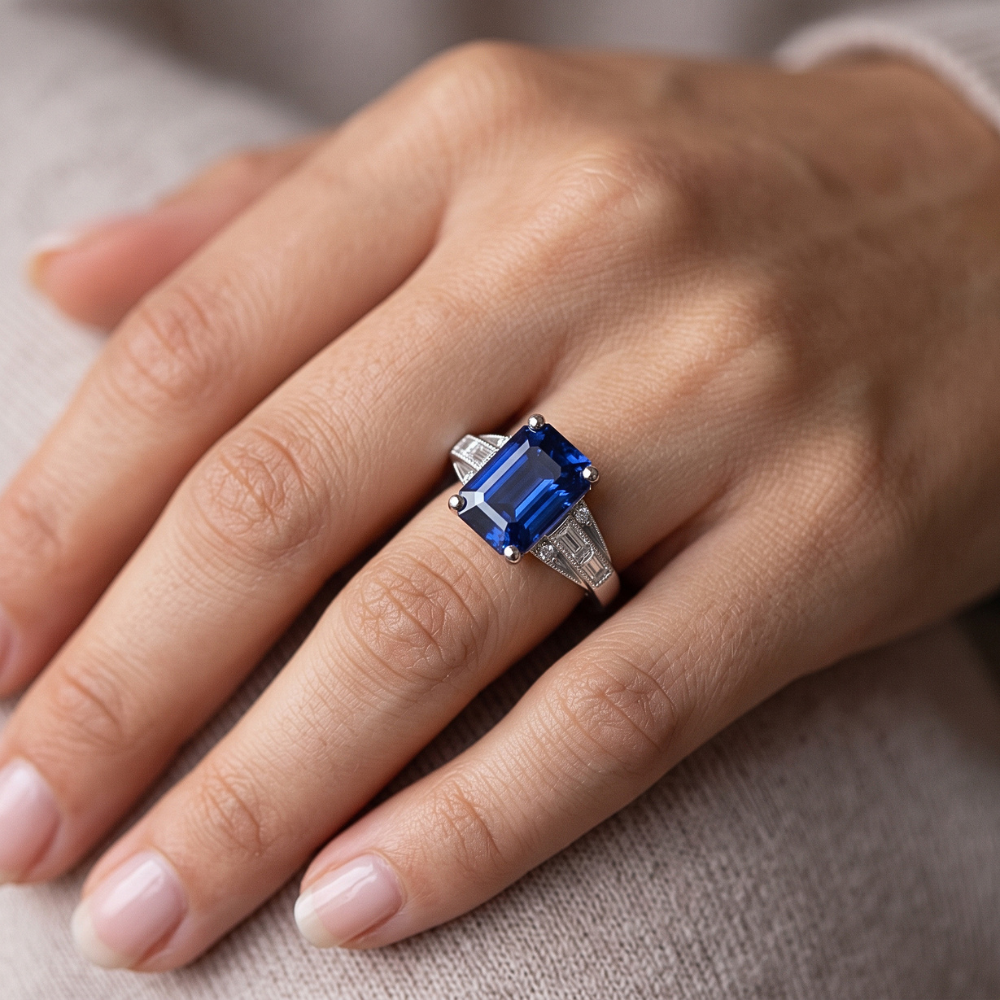Anello Baguette con zaffiro blu smeraldo e diamante rotondo 4 carati