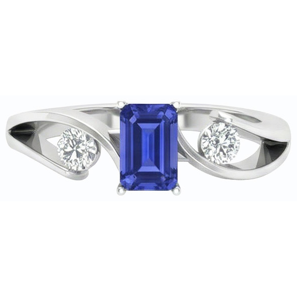 Anello Bypass Style con 1,75 carati tre pietre Emerald Ceylon Sapphire in oro bianco 14K