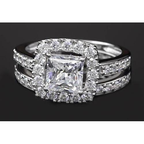 Anello Con Naturale Diamante Taglio Principessa 3 Carati Halo Stile Gambo Diviso