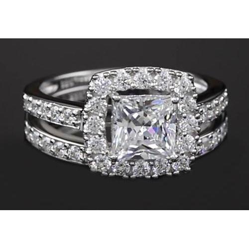 Anello Con Naturale Diamante Taglio Principessa 3 Carati Halo Stile Gambo Diviso