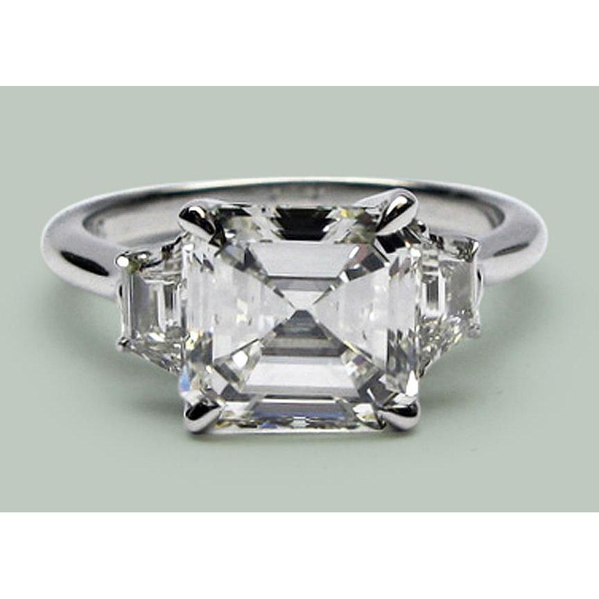 Anello Dell'Anniversario Asscher E Naturale Diamante Trapezoidale 5,50 Ct Artiglio D'Aquila 3 Pietre