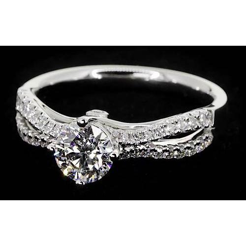 Anello Di Fidanzamento Con Gambo Diviso 2 Carati In Oro Bianco Con Vero Diamante Rotondo 14K
