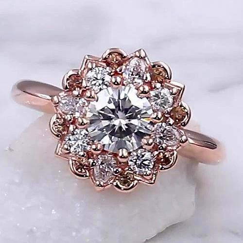 Anello Di Fidanzamento Con Naturale Diamante 2 Carati Halo Lotus Flower Rose Gold