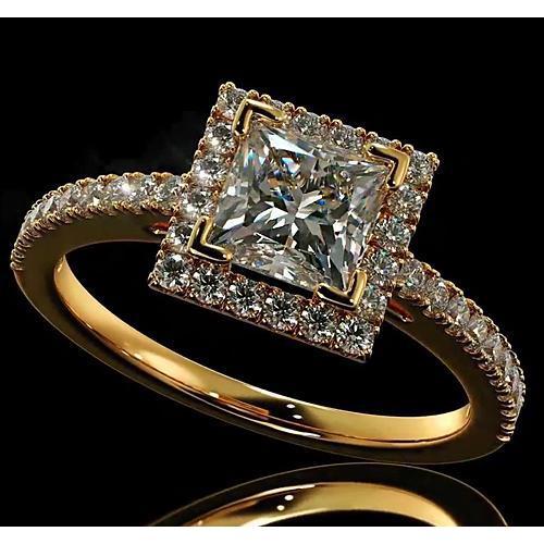 Anello Di Fidanzamento Con Vero Diamante 3.50 Carati Halo Princess Cut 14K Yellow Gold