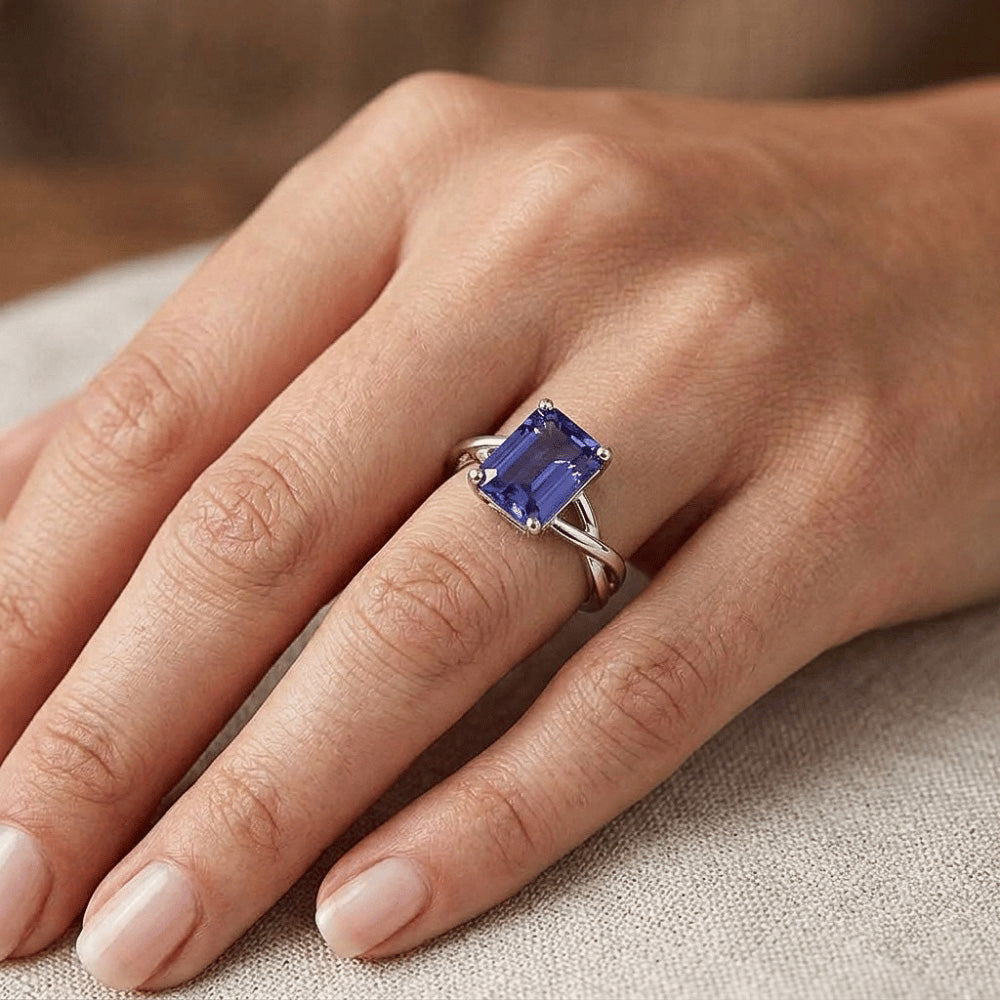 Anello Di Fidanzamento Taglio Smeraldo Zaffiro